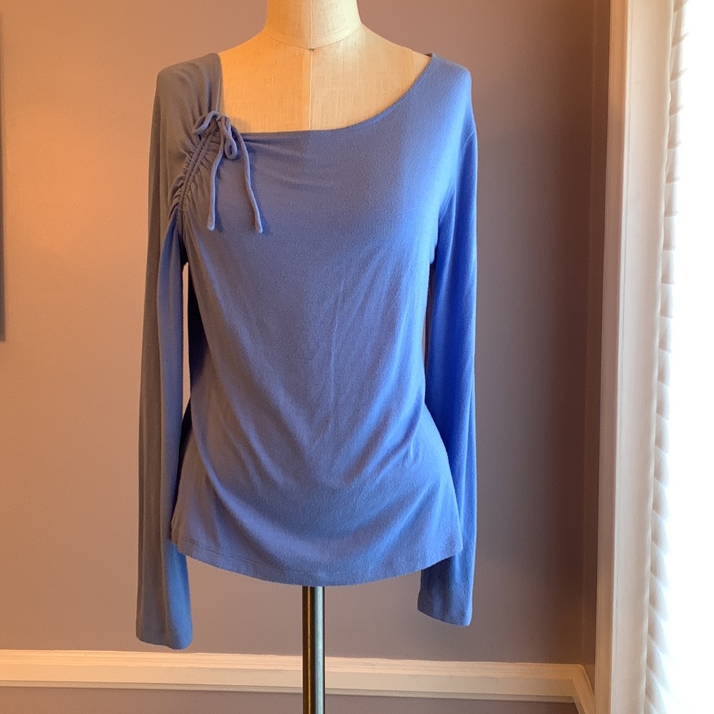 Mossimo periwinkle blue long sleeve top asymmetrical gathered neck with bow